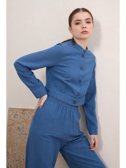 İndigo Hakim Yaka Düğmeli Pamuk Keten Kısa Ceket