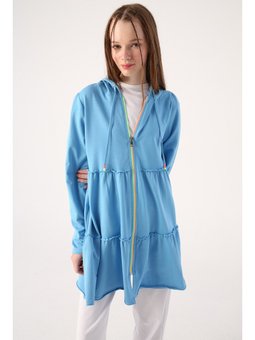 Mavi Fırfırlı Neon Detaylı Kapüşonlu Örme Hırka