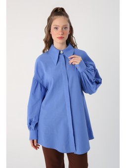 Mavi Oversize Sivri Yaka Pamuklu Gömlek Tunik