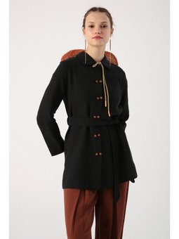 Siyah Çift Düğmeli Kuşaklı Keten Gömlek Tunik