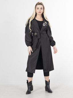 Siyah Düşük Kol Yakası Taş İşlemeli Astarsız Trençkot