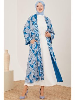 Baskılı İçi Şifonlu Kimono İndigo