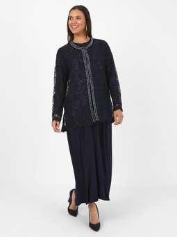 Taş İşlemeli Dantel Büyük Beden Lacivert Abiye Elbise İkili Takım