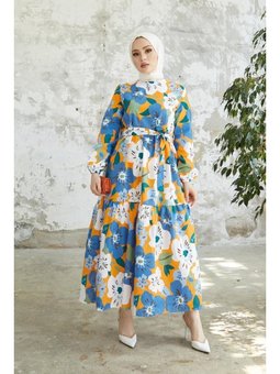 Çiçek Desenli İndigo Elbise