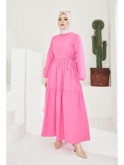 Sıfır Yaka Beli Kuşaklı Fuşya Elbise