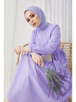 Sıfır Yaka Beli Kuşaklı Lila Elbise