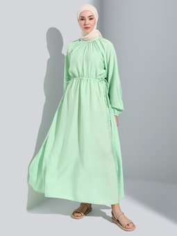 Balon Kol Beli Bağcıklı Su Yeşili Elbise