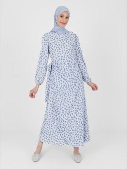 Kalp Desenli Anvelop Kapamalı Mavi Gri Elbise