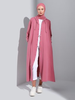 Kapüşon Detaylı Çıtçıtlı Spor Koyu Gül Pardesü