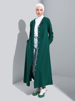 Kapüşon Detaylı Çıtçıtlı Spor Zümrüt Yeşili Pardesü