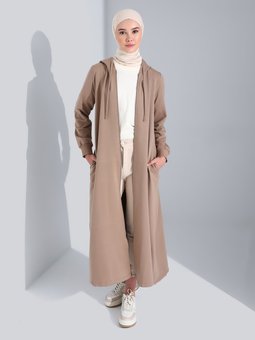 Kapüşon Detaylı Fermuarlı Spor Koyu Bej Pardesü