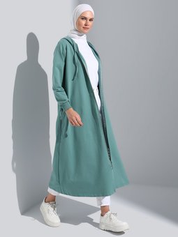 Kapüşon Detaylı Fermuarlı Spor Koyu Çağla Pardesü