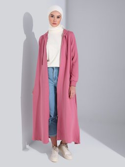 Kapüşon Detaylı Fermuarlı Spor Koyu Gül Pardesü