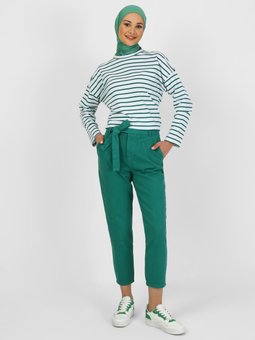 Kuşak Detaylı Denim Benetton Yeşili Pantolon
