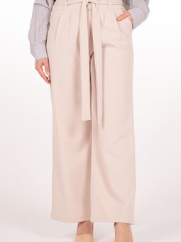 Bej Kuşaklı Pileli Geniş Paça Pantolon