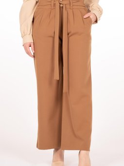 Camel Kuşaklı Pileli Geniş Paça Pantolon