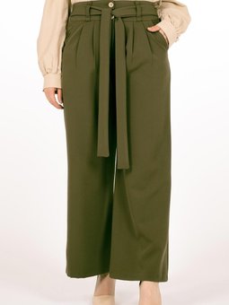 Haki Kuşaklı Pileli Geniş Paça Pantolon