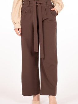 Kahve Kuşaklı Pileli Geniş Paça Pantolon