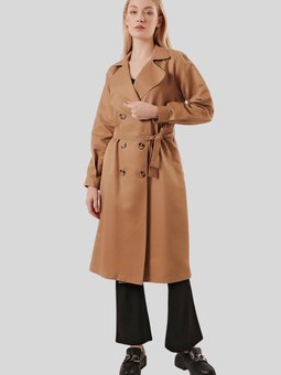 Camel Kruvaze Yaka Düğmeli Kuşaklı Trençkot