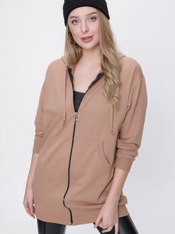 Camel Önü Fermuarlı Kapüşonlu Sweat