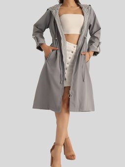 Gri Kolları Apoletli Kapüşonlu Trençkot