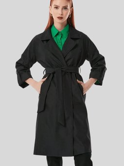 Siyah Kruvaze Yaka Düğmeli Trençkot