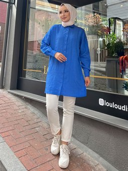 Düz Renk Saks Mavisi Mavi Gömlek Tunik