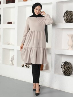 Kol Uçları Lastikli Bej Tunik