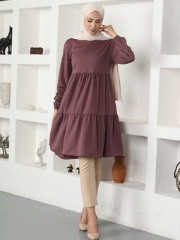 Kol Uçları Lastikli Lila Tunik