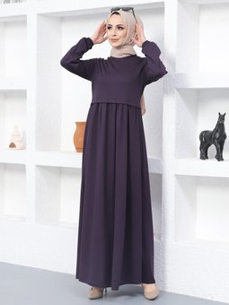 Kol Uçları Lastikli Mürdüm Elbise