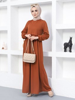 Kol Uçları Lastikli Taba Elbise