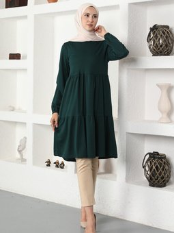 Kol Uçları Lastikli Zümrüt Yeşili Tunik