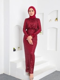 Bordo Miyana Kol Tüylü Abiye Elbise