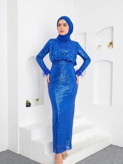 Mavi Miyana Kol Tüylü Abiye Elbise