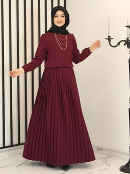 Hakim Yaka Plise Etekli Mürdüm Abiye Takım