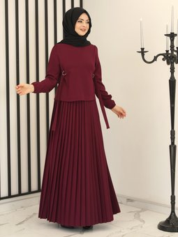 Toka Detay Eteği Pliseli Mürdüm Abiye Takım