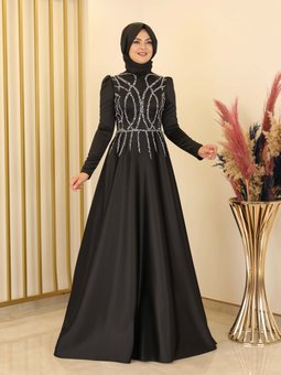 Zen Saten Siyah Abiye Elbise