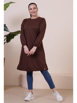 Büyük Beden İki İplik Penye Uzun Kahverengi Tunik