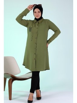 Buyuk Beden Tesettur Kadin Ayrobin Kumas Haki Tunik
