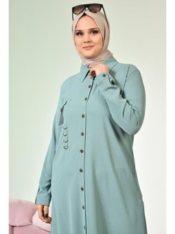 Buyuk Beden Tesettur Kadin Ayrobin Kumas Su Yeşili Tunik