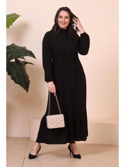 Buyuk Beden Uzun Kollu Kadin Tesettur Piliseli Siyah Elbise