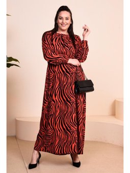 Kadin Anne Buyuk Beden Cicekli Tesettur Giyim Turuncu Elbise