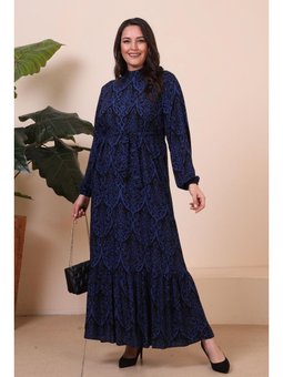 Kadin Hakim Yaka Buyuk Beden Tesettur Viskon Kumas Pileli Ve Piliseli Mavi Elbise