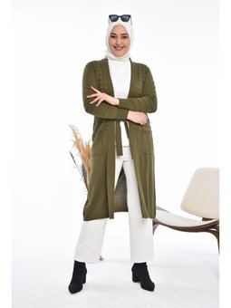 Triko Uzun Cepli V Yaka Haki Hırka