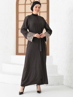 Kuşaklı Melanjlı Kumaş Kahverengi Ferace