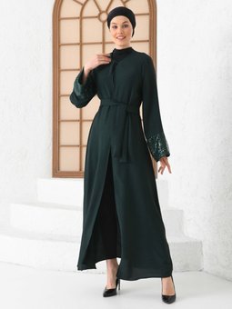 Kuşaklı Melanjlı Kumaş Zümrüt Yeşili Ferace