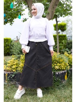 Yanları Süs Düğmeli Kot Antrasit Etek