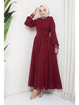 Belden Bağlamalı, Taş Detaylı Şifon Abiye Elbise Bordo
