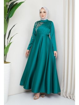 Piliseli, Meç Süslemeli Saten Abiye Elbise Zümrüt Yeşili