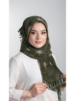 Haki Pratik Hazır Geçmeli Eşarp Kesik Elyaf Piliseli Çiçek Desenli